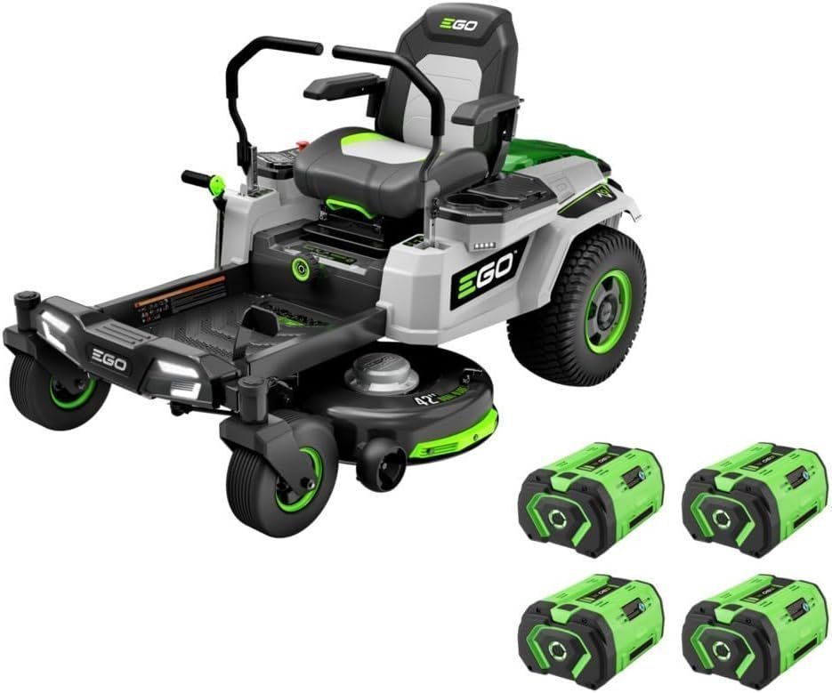 EGO Power+ Electric Riding Lawn Mower, 42″ Deck with Zero Turn Radius, Includes (4) 56V 10.0Ah Batteries and Charger – ZT4204L
