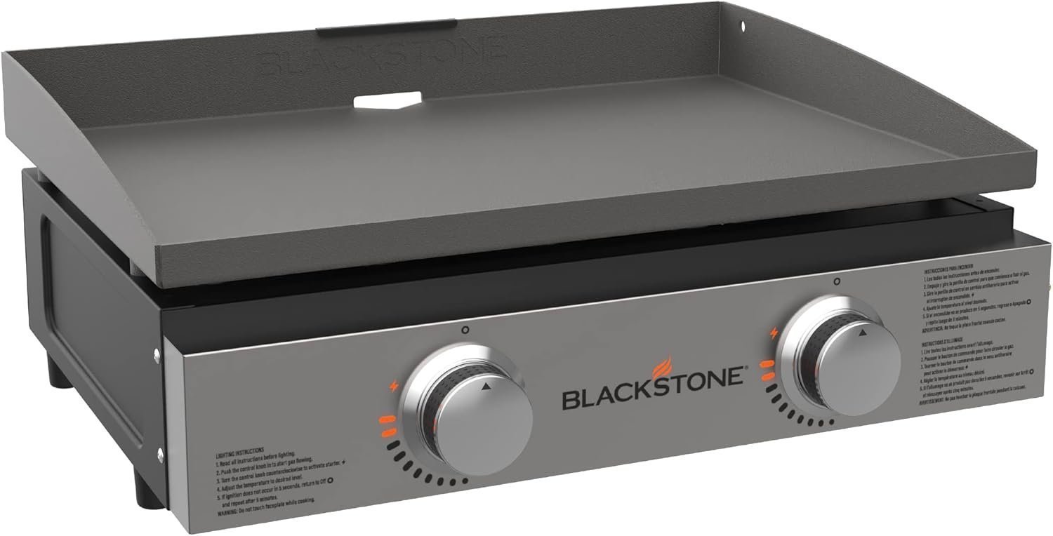 Blackstone 22″ Portable Tabletop Griddle – Dual Burner Flat Top Grill, 24,000 BTU Propane with Stainless Steel Faceplate & Rear Grease System