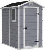 Keter Manor 4×6 Resin Outdoor Storage Shed Kit-Perfect to Store Patio Furniture, Garden Tools Bike Accessories, Beach Chairs and Lawn Mower, Grey & White